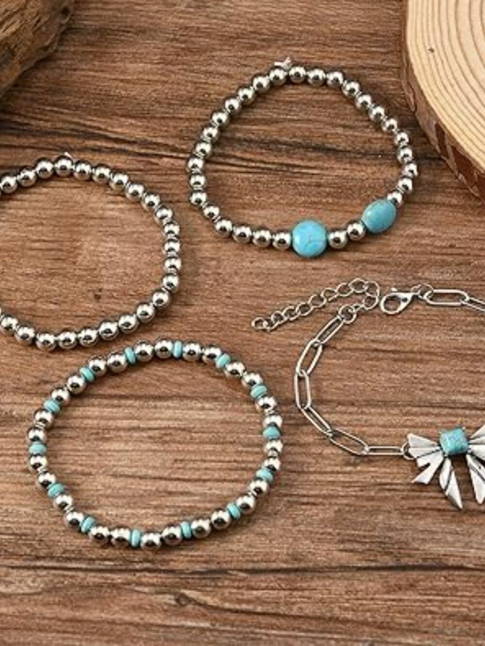 Boho 4 Layer Bracelet Set Turquoise Beaded Stretchy Brand New - Picture 4 of 4